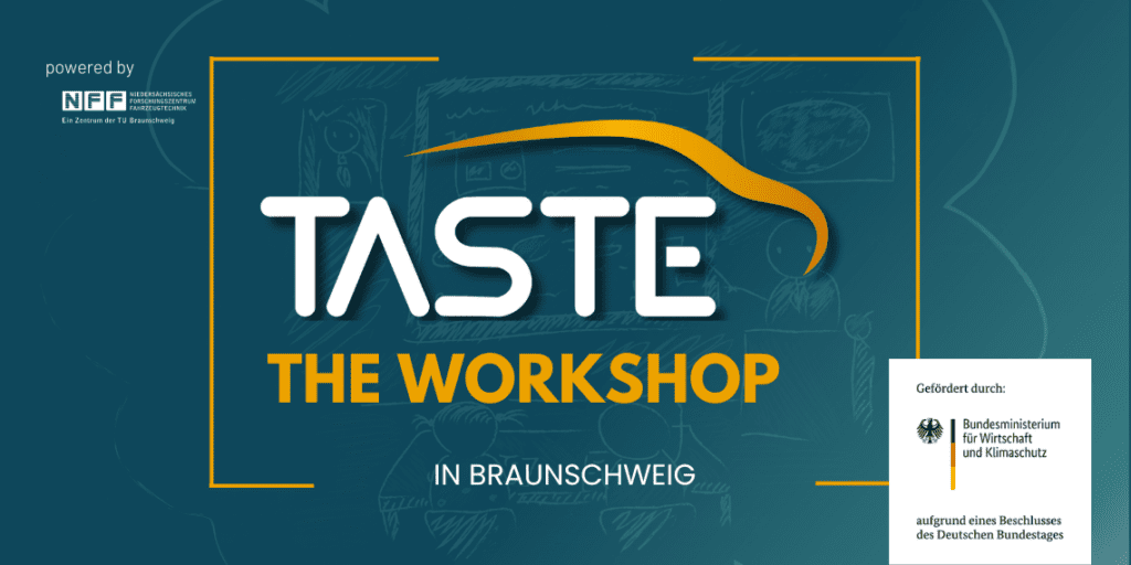 Das Bild zeigt das Logo für einen Workshop namens "TASTE – The Workshop". Im Hintergrund sind skizzierte Zeichnungen, die an eine Unterrichtssituation erinnern. Das Logo hat eine dynamische, gelb geschwungene Linie über dem Wort "TASTE", während die Unterzeile "THE WORKSHOP" in einer klaren, gelben Schrift darunter steht. Auf der rechten Seite befindet sich das Logo des Bundesministeriums für Wirtschaft und Klimaschutz